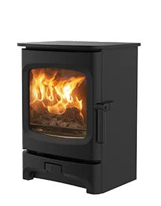 Charnwood Aire 3 Low black wood burning stove with fire.