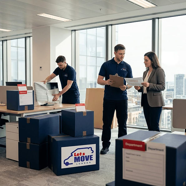 Professional movers packing boxes for an office removal.