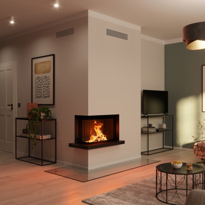 Lean 2L-70h wood-burning stove built into a corner wall