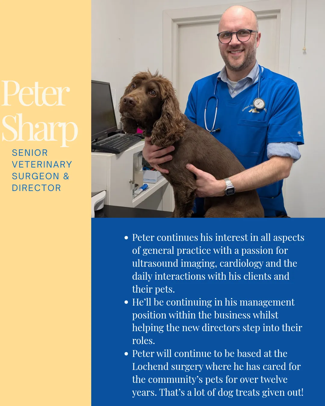 Peter Sharp, Senior Veterinary Surgeon, with a brown dog.