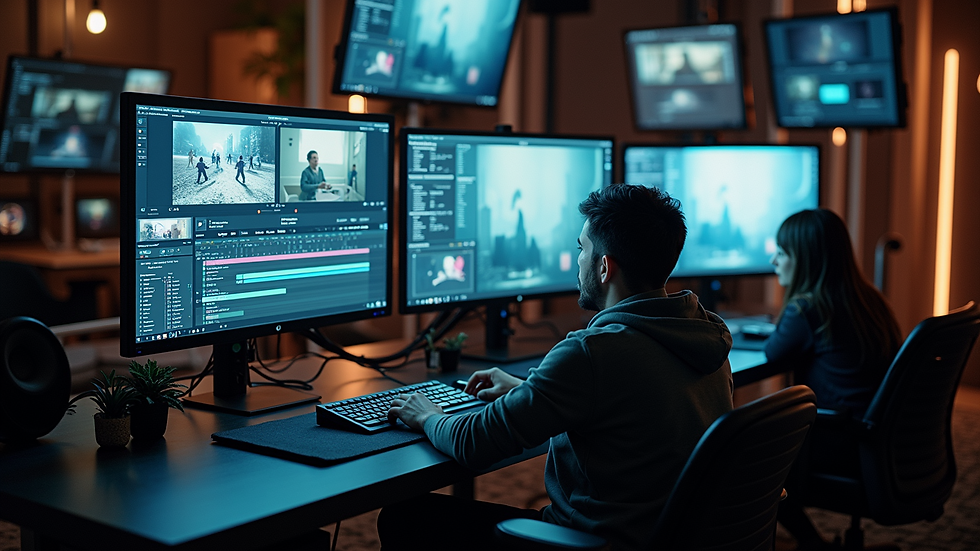High angle view of a video editing suite with screens displaying footage