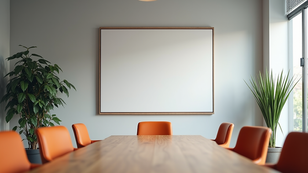 Eye-level view of a business meeting with a large canvas on the wall