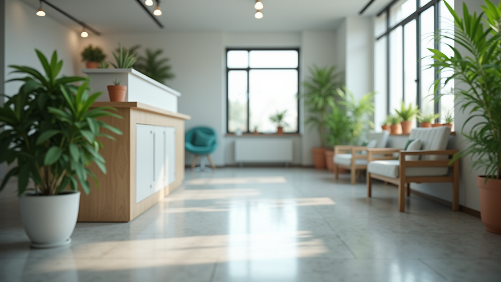 Eye-level view of veterinary clinic reception area with plants