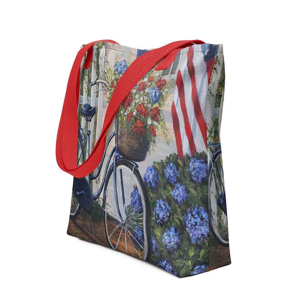 Thumbnail: Patriotic Bicycle Art Tote Bag American Flag Blue Hydrangea Floral