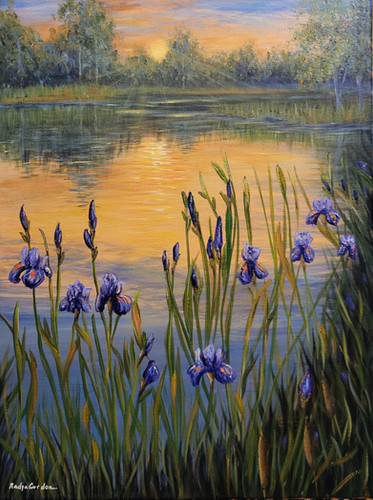 絵画  アイリス  パープル 金箔画 SALE‼️ Original Purple Iris Painting on Canvas 12x16, Sunset Lake