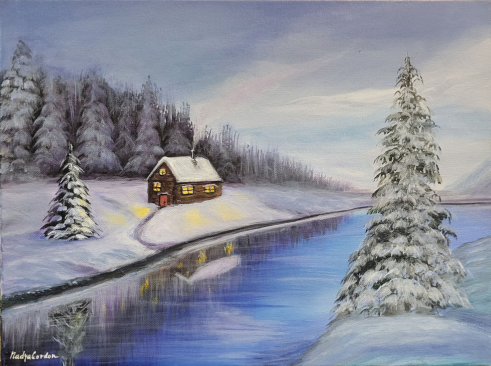 Thumbnail: Winter Cabin by the Lake Painting 
