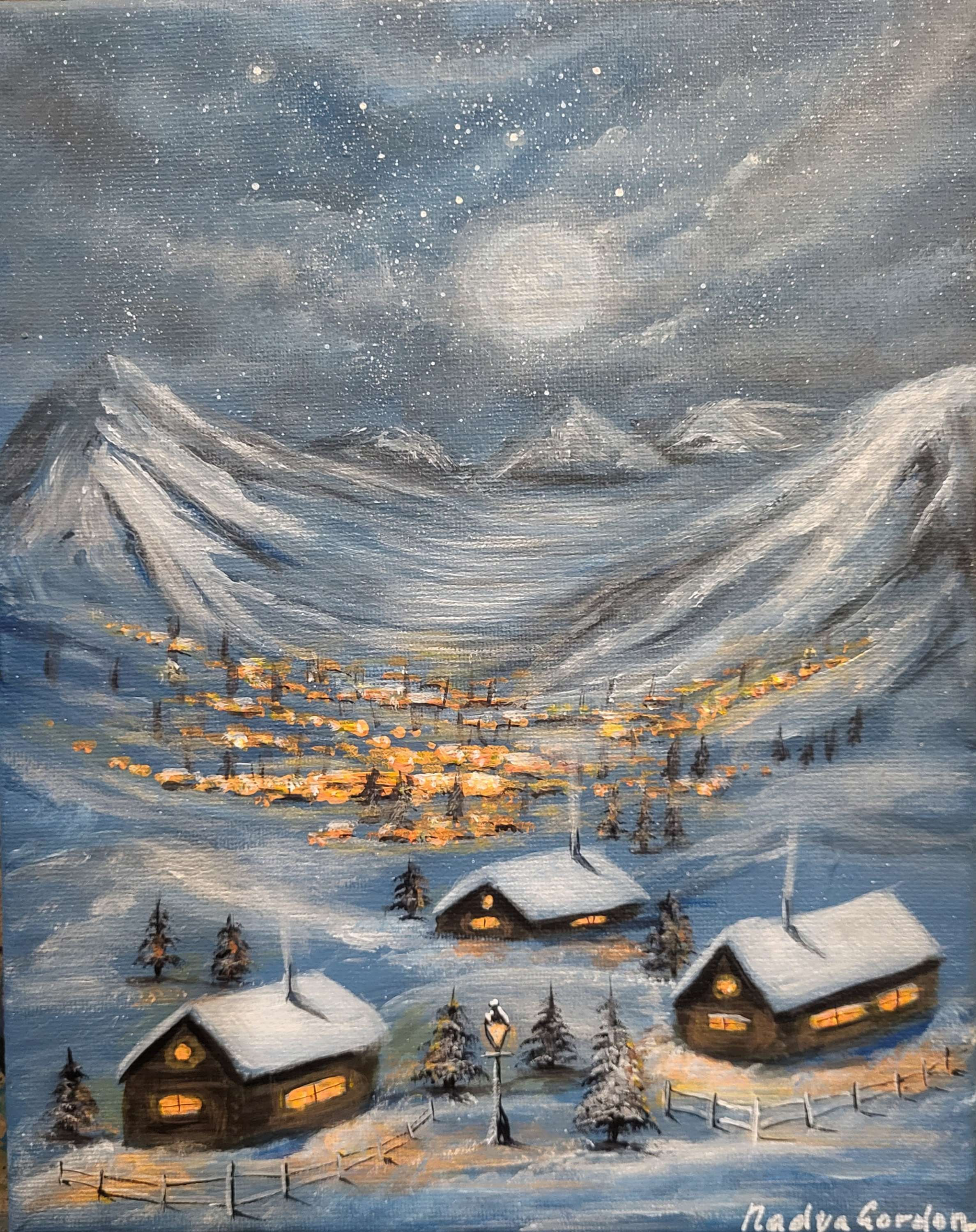Winter Snow Village Landscape Original Painting 