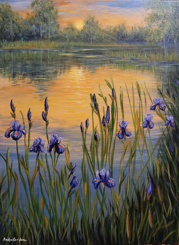 Original Purple Iris Painting on Canvas 12x16, Sunset Lake