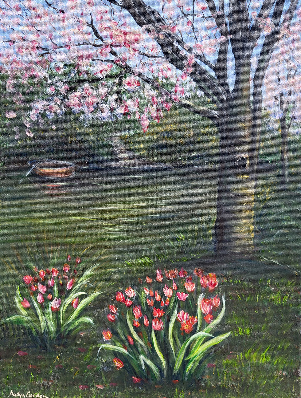 Thumbnail: Spring Serenity – Original Cherry Blossom & Tulip Landscape Painting | 12x16