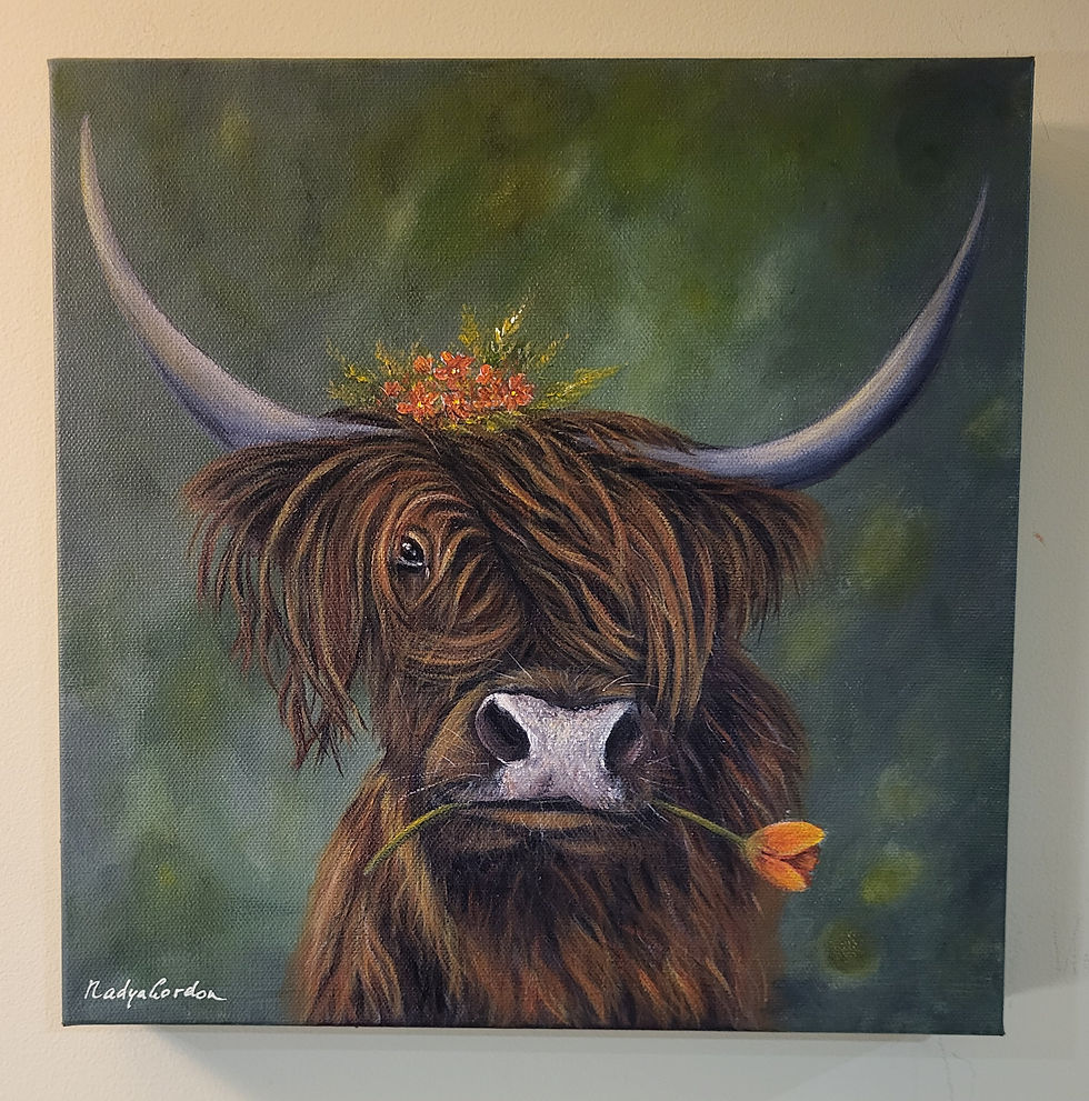 Thumbnail: Highland Cow with Flowers Painting on Gallery Wrapped Stretched Can