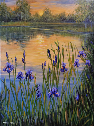 れい　Purple Lake シーグラスアート／天然石／紫／湖 Original Purple Iris Painting on Canvas 12x16, Sunset Lake