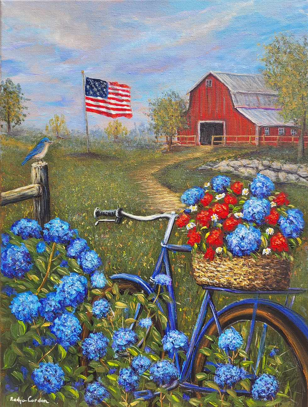 Thumbnail: Patriotic Farmhouse Landscape Painting, American Flag Wall Art, Blue Hydrangea 