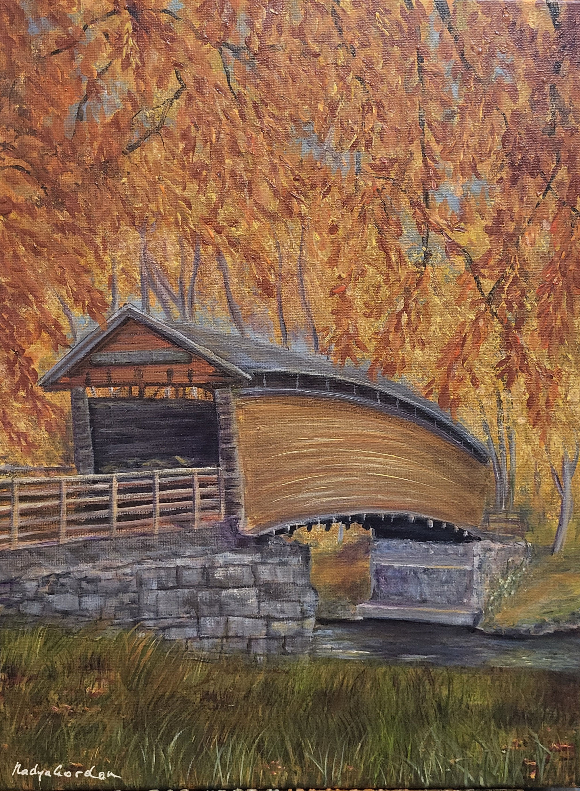 Covered Bridge in Fall Splendor – Original Acrylic Landscape Painting