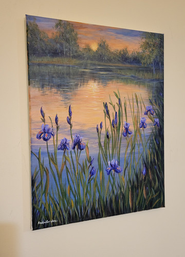 Original Purple Iris Painting on Canvas 12x16, Sunset Lake