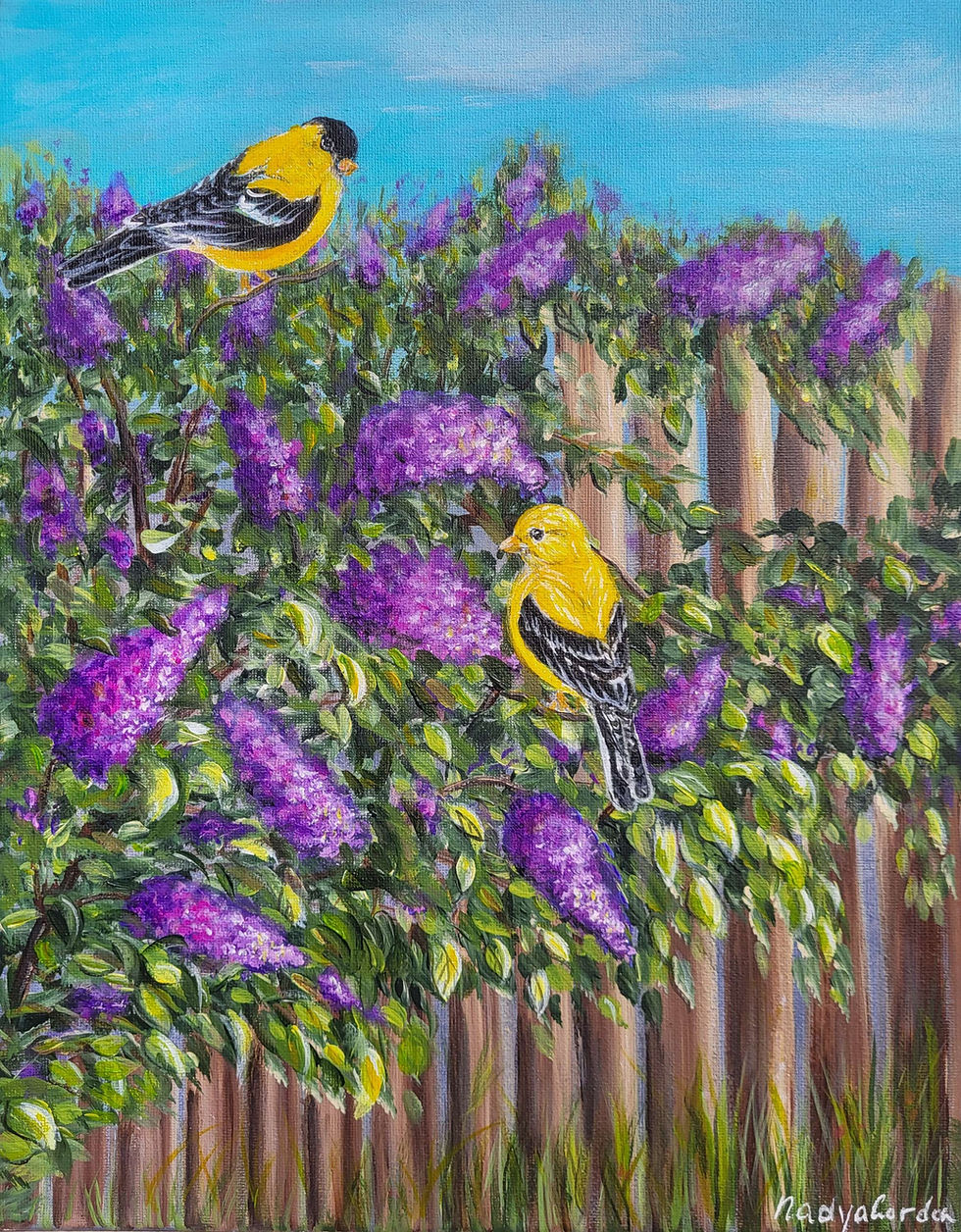 Thumbnail: Goldfinch Birds Couple and Lilac Flowers in Spring Original Painting by Nadya Go