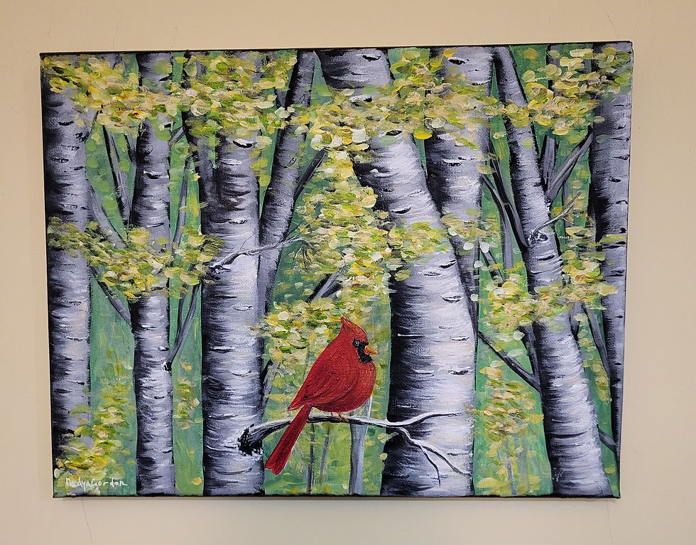 Thumbnail: Birch Forest with Cardinal – Original Acrylic Painting on 11x14 Canvas