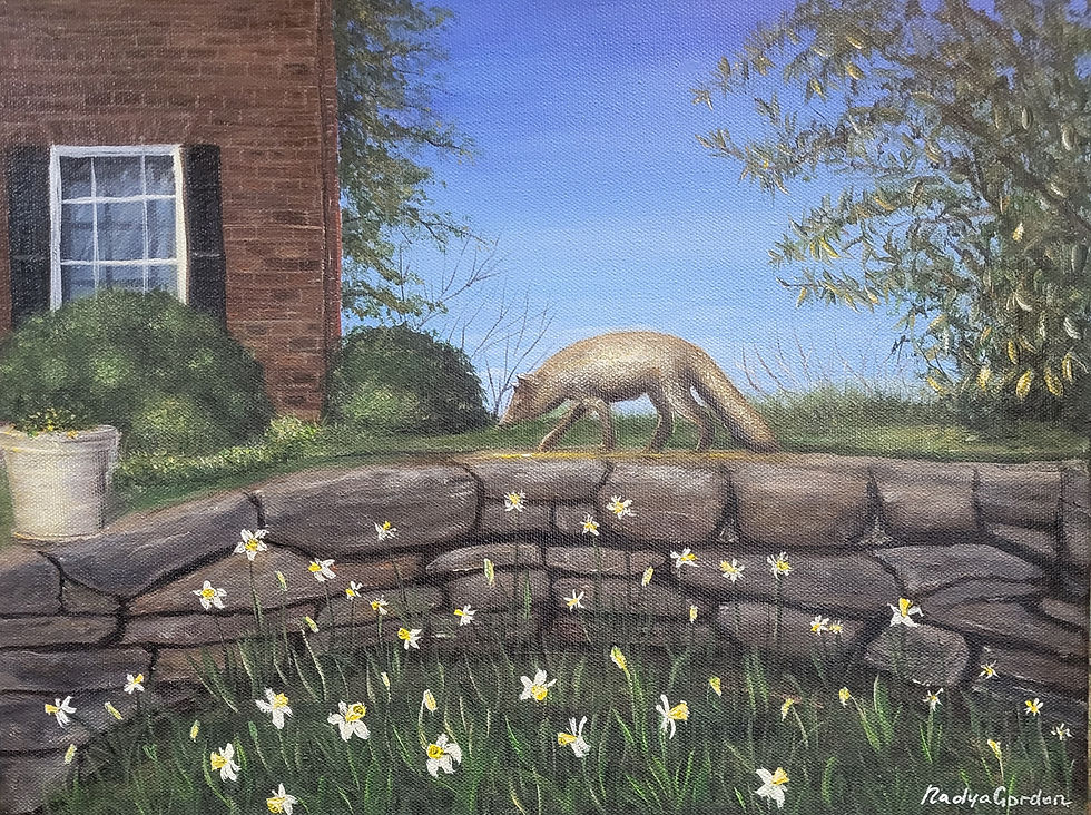 Thumbnail: Spring / Fox Statue in Middleburg Spring Landscape Painting by Nadya Gordon