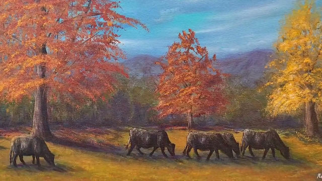 Thumbnail: Autumn Pasture Painting, 12x16 Original Acrylic Landscape with Cows, Fall Trees
