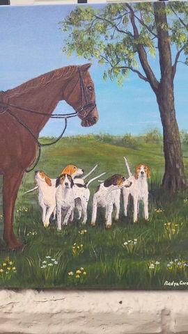 Thumbnail: Horse and Hounds Original  Painting on Canvas 11x14x1.5"
