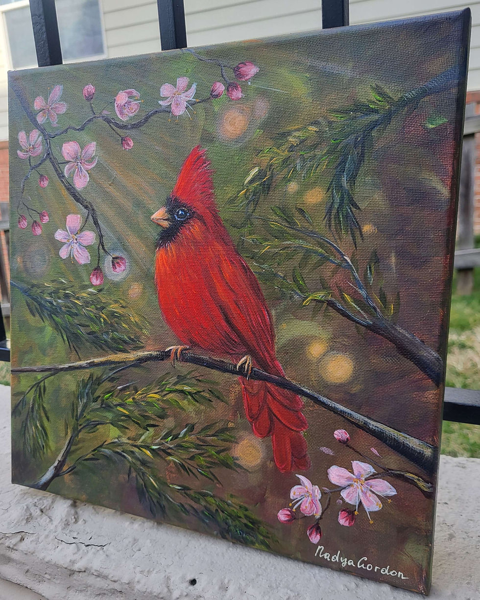 Thumbnail: Spring Cardinal and Cherry Blossoms Original Painting