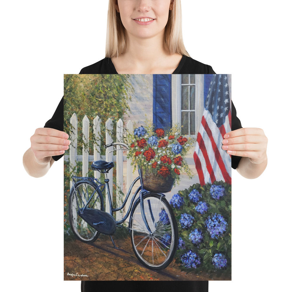Patriotic Bicycle Giclee Print American Flag Wall Art Blue Hydrangea Floral