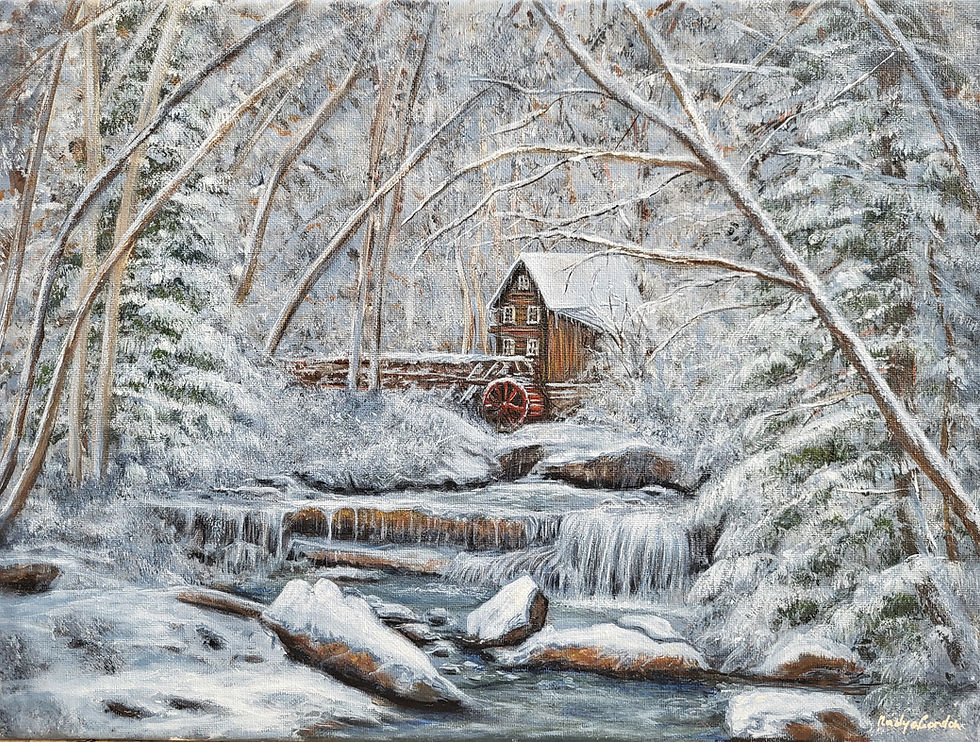Thumbnail: Glade Creek Grist Mill Winter Painting 12x16 | Snowy West Virginia Landscape 