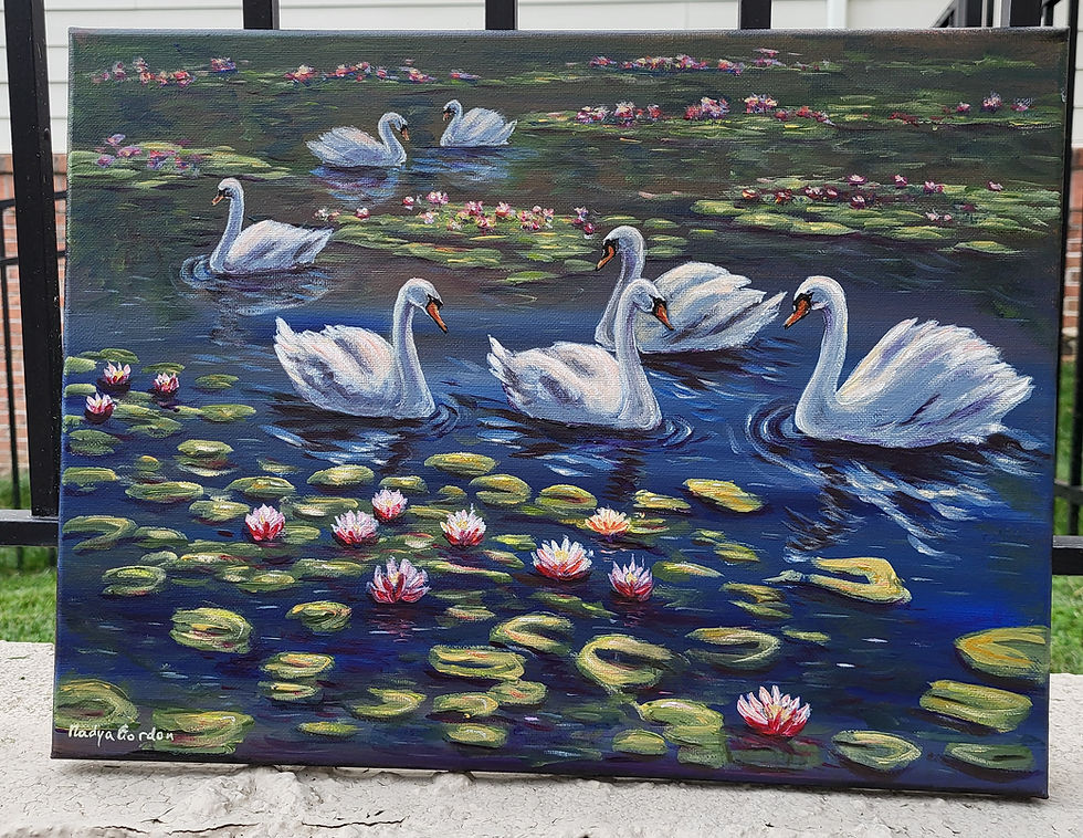 Thumbnail: Original Acrylic Painting - Swans and Water Lilies - 12x16 inch Fine Art