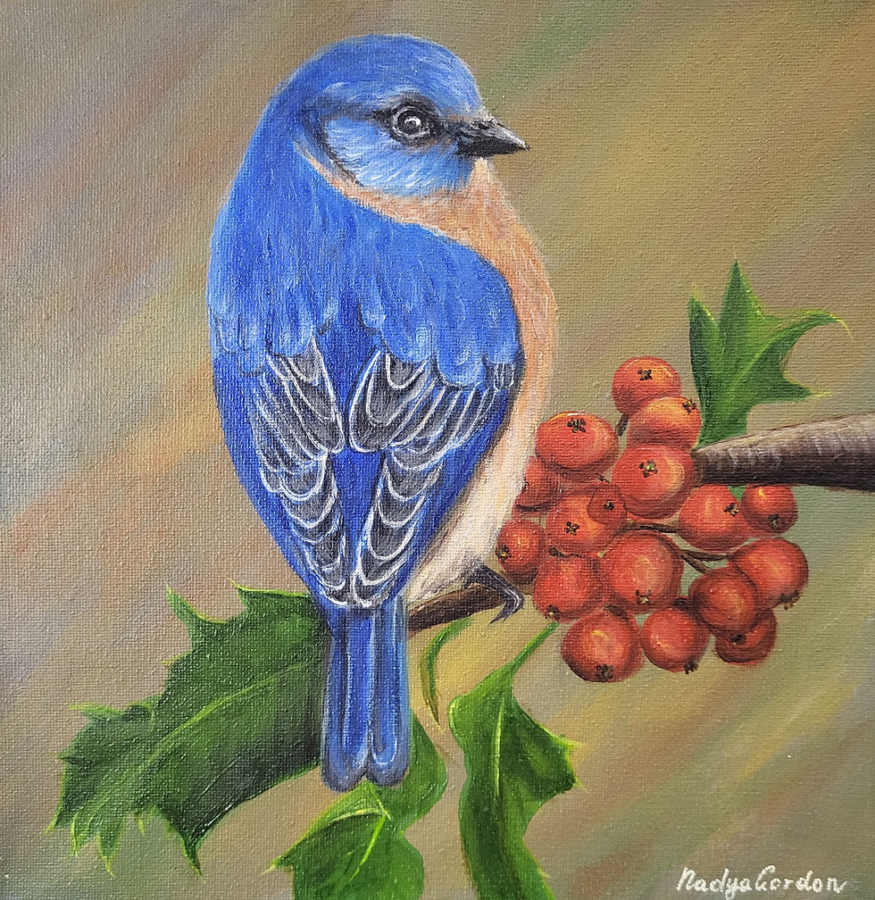 Thumbnail: Bluebird and Holly Berries Original Painting by Nadya Gordon 
