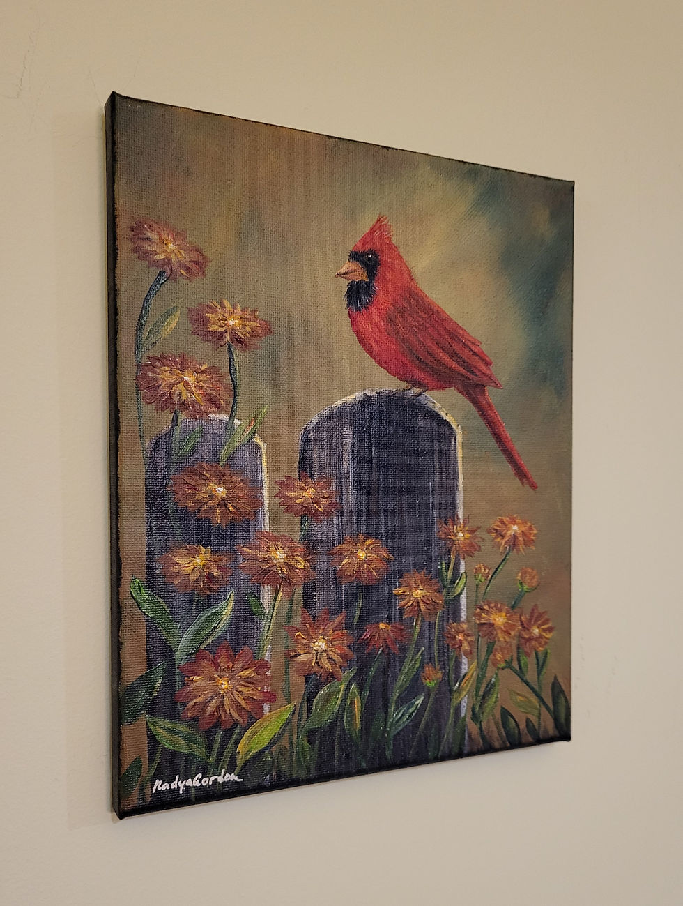 Thumbnail: Red Cardinal on Fence Post with Wildflowers – Rustic Bird Wall Art