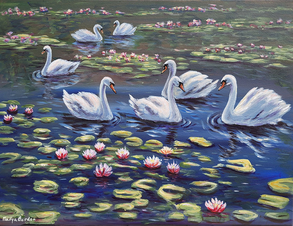 Thumbnail: Original Acrylic Painting - Swans and Water Lilies - 12x16 inch Fine Art