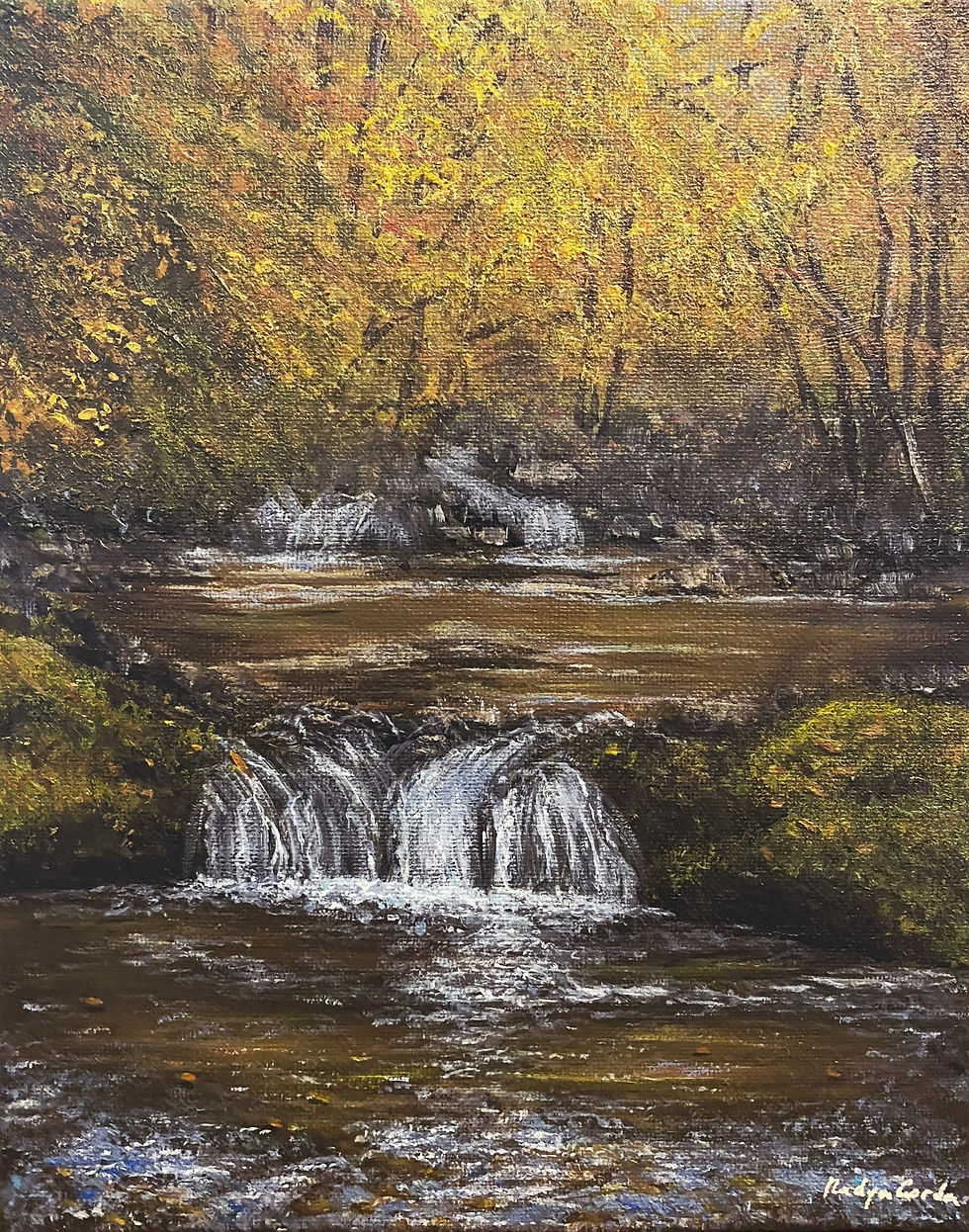 Autumn Waterfall Painting – 8x10 Original Acrylic Landscape on Canvas
