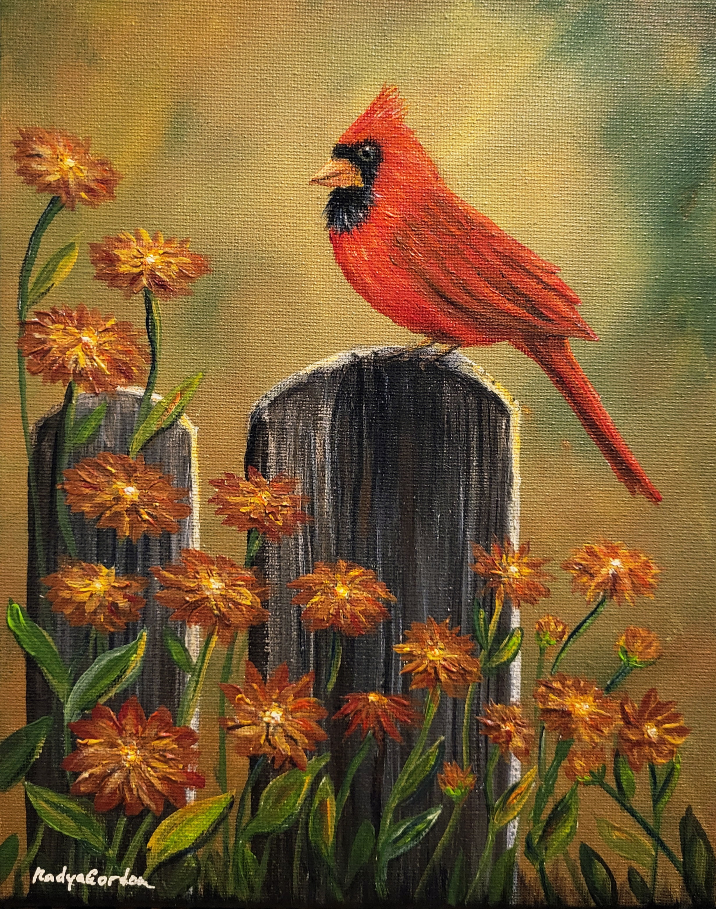 Red Cardinal on Fence Post with Wildflowers – Rustic Bird Wall Art
