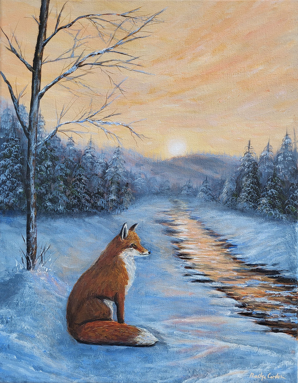 Thumbnail: Winter Fox Painting Original Acrylic Art 11x14 Snow Landscape Wildlife Fox