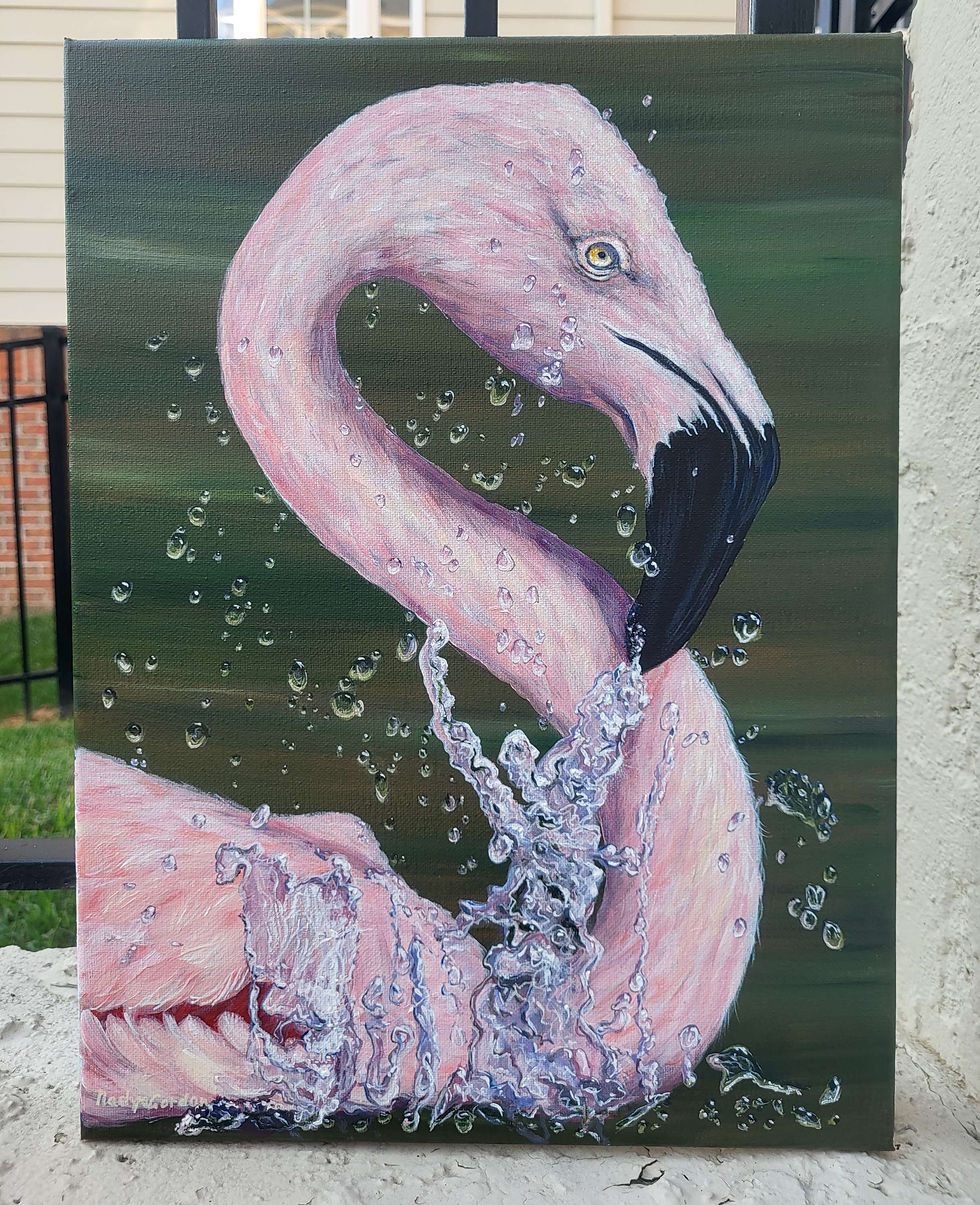 Thumbnail: Original Acrylic Flamingo Painting on Stretched Canvas - 12x16 inches - Flamingo
