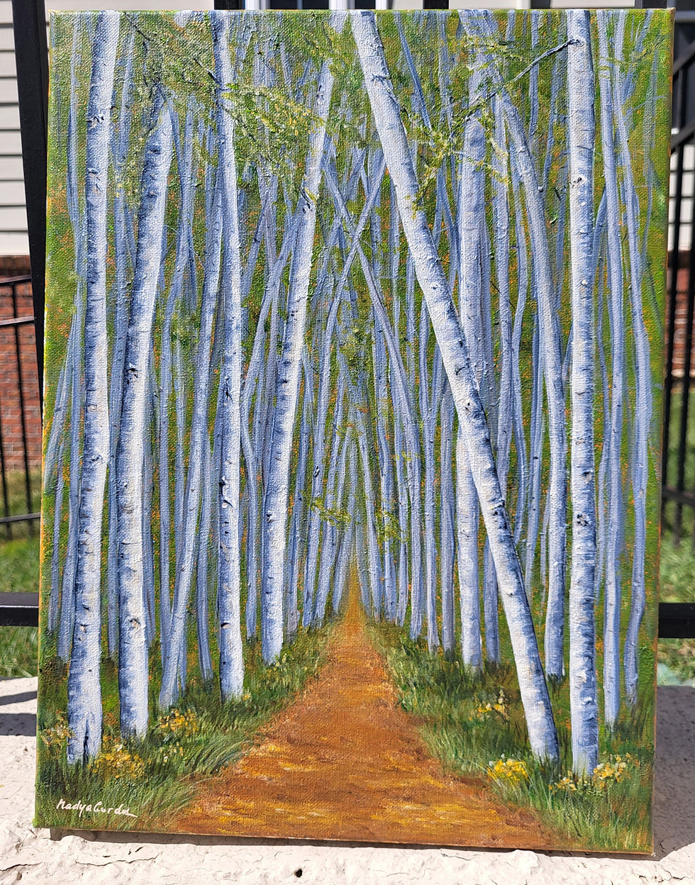 Thumbnail: Birch Tree Forest Path Painting, Original Acrylic Landscape on Canvas, Woodland 