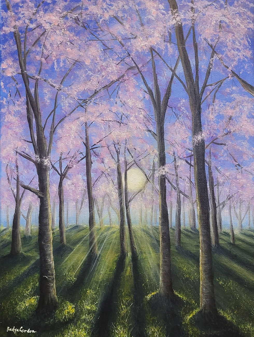 Thumbnail: Cherry Blossoms Original Painting on Canvas Spring Landscape