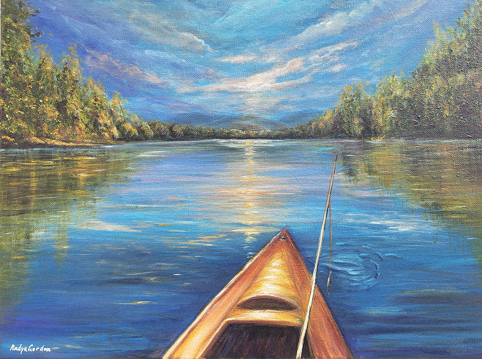 Thumbnail: Shenandoah Valley Fishing Kayak Painting Original Acrylic, Peaceful River