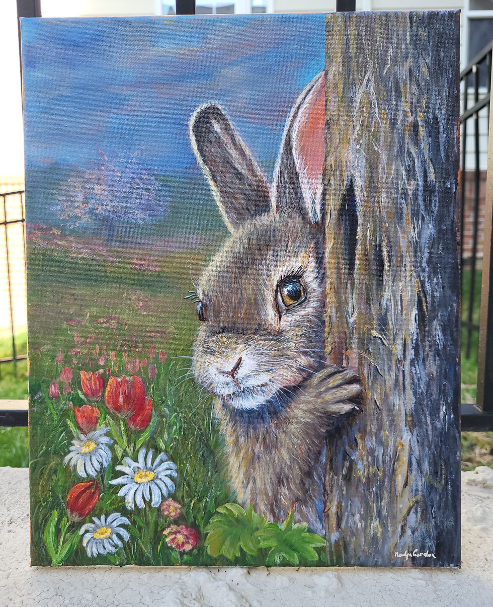 Thumbnail: Spring Bunny Original Painting 11x14 Rabbit Wall Art Woodland Bunny Tulips 