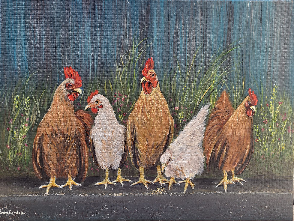 Thumbnail: Pecking Order / A Row of Chickens - Original Acrylic Painting, 12x16 inch Canvas