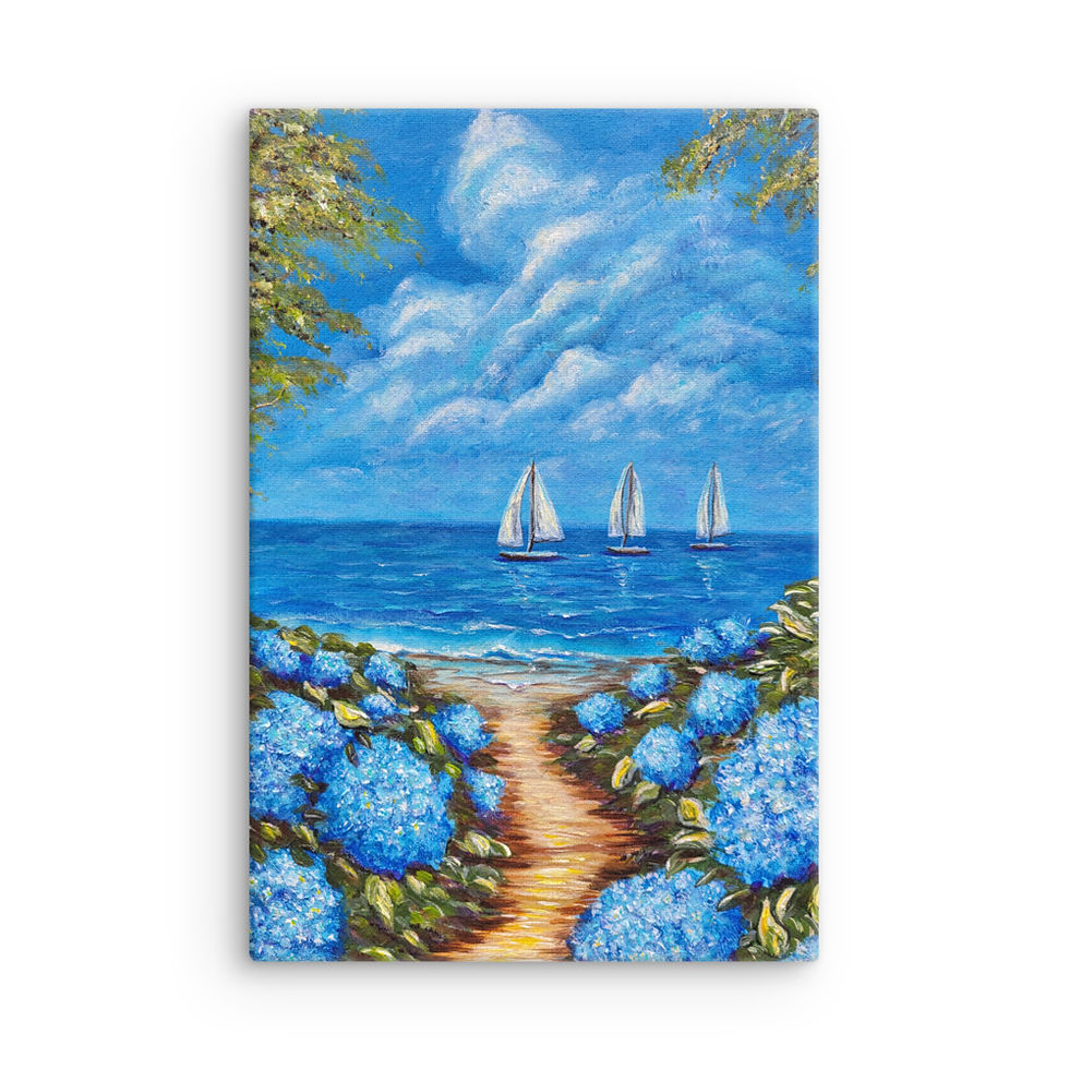 Thumbnail: Hydrangea Sailboats Beach Coastal Canvas Print of Painting 