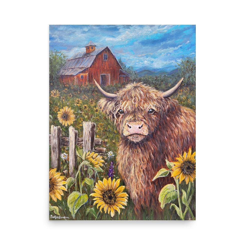 Thumbnail: Highland Cow PRINT of Painting with Sunflowers & Red Barn Farmhouse Wall Art 
