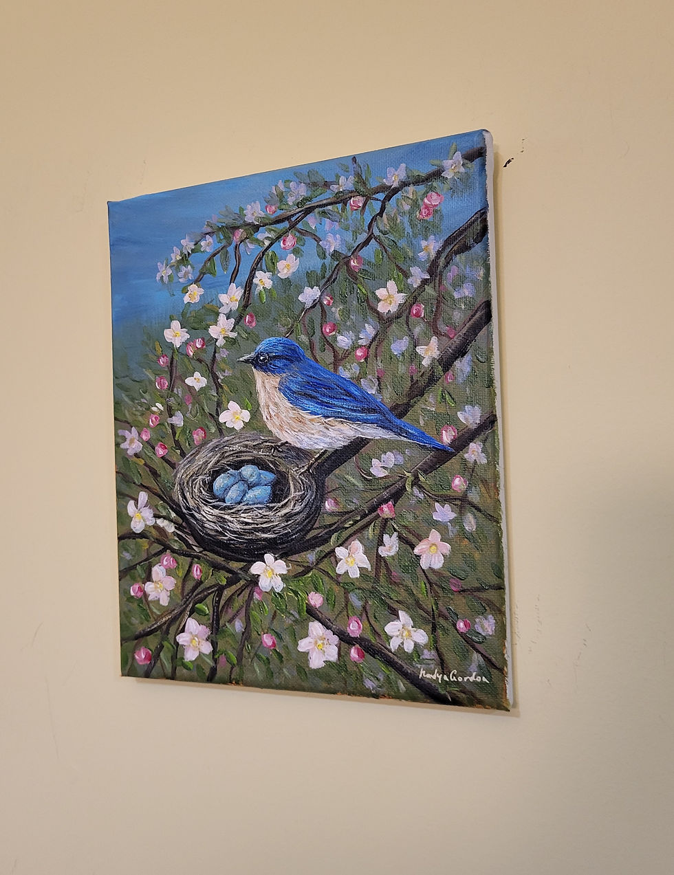 Thumbnail: Bluebird Nest Painting Original Art 8x10 Spring Blossoms Bird Wall Art Nature