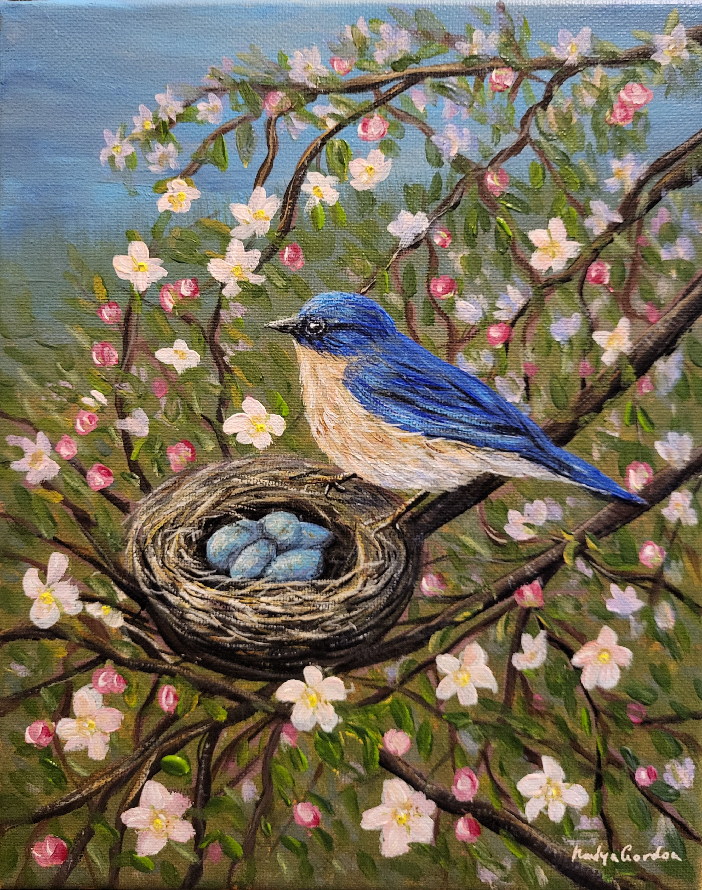 Bluebird Nest Painting Original Art 8x10 Spring Blossoms Bird Wall Art Nature