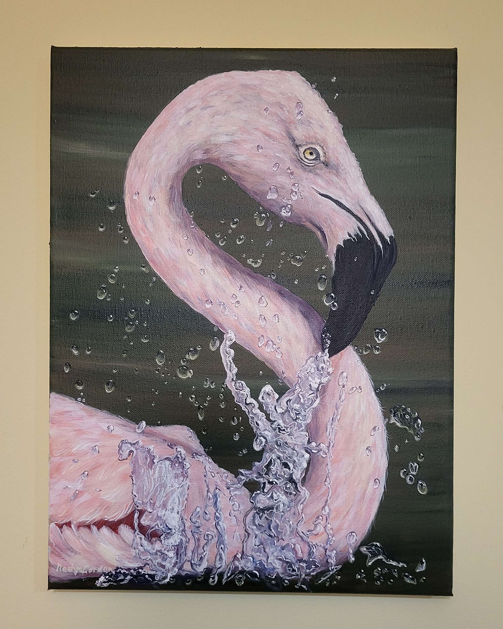 Thumbnail: Original Acrylic Flamingo Painting on Stretched Canvas - 12x16 inches - Flamingo