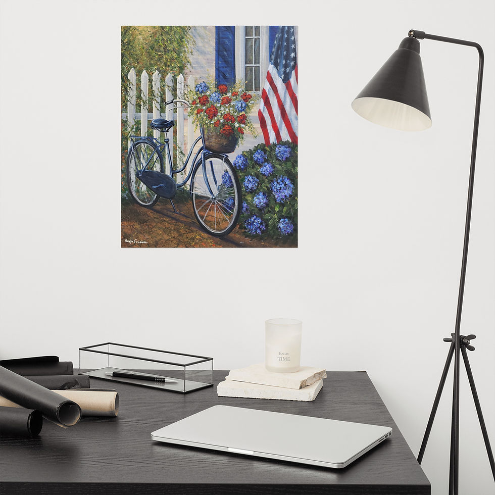 Thumbnail: Patriotic Bicycle Giclee Print American Flag Wall Art Blue Hydrangea Floral