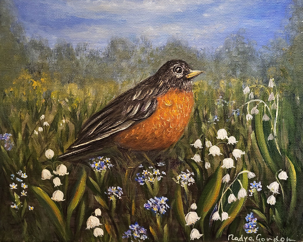 Robin in Spring Flowers Original Acrylic Painting