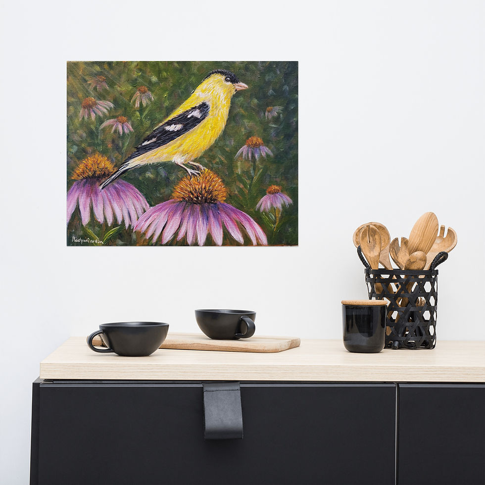 Thumbnail: Goldfinch Giclee Print of Painting Yellow Songbird Purple Coneflowers