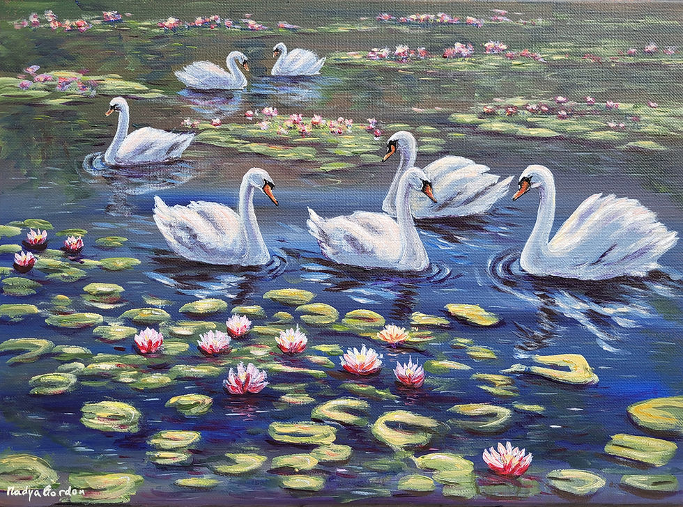 Thumbnail: Original Acrylic Painting - Swans and Water Lilies - 12x16 inch Fine Art