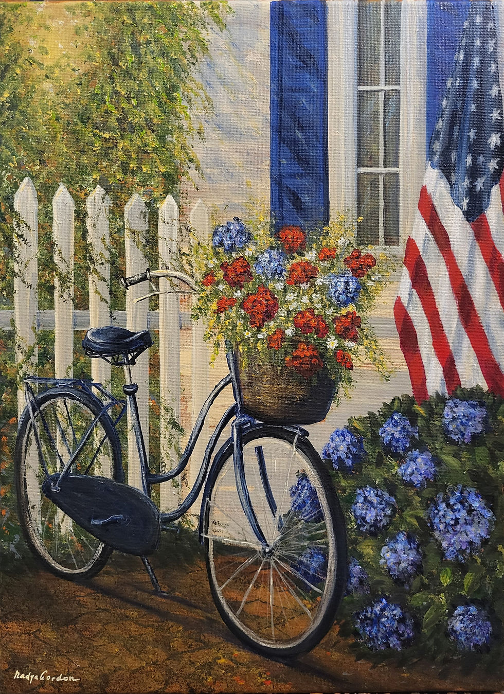 Thumbnail: Patriotic Bicycle Painting Original Acrylic on Canvas 12x16, American Flag Wall 