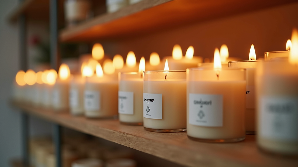 Eye-level view of a collection of eco-friendly candles arranged on a shelf